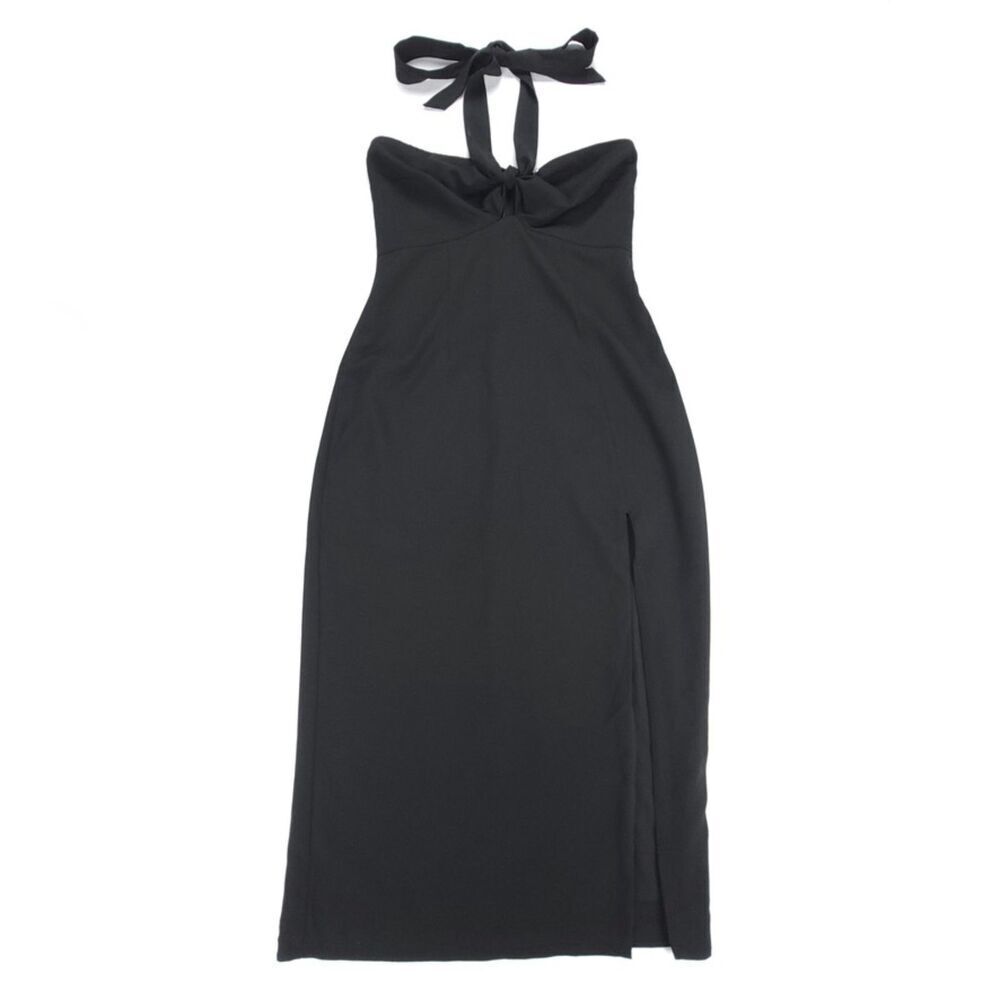 NEW Abercrombie 90s Twist Front Halter Thigh Slit Midi Dress Black Small Tall